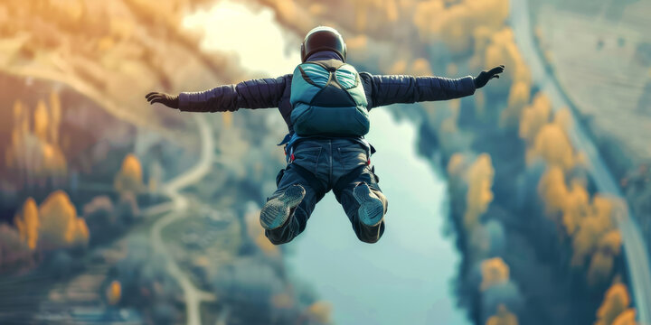 Skydiver in flight with a river and rural landscape in the background. Jumping from a bridge with a parachute.