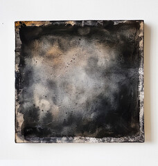 a black and gray square painting on white background, watercolor, dark grey canvas with charcoal edges around the edge of the canvas, a small area filled in light beige with very fine details, texture - obrazy, fototapety, plakaty