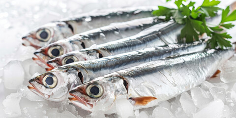 A row of sprat fish lies on crushed ice. Fresh sardines on a white background.