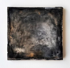 A square canvas, black and gray, textured with watercolor paint, dark, thick texture, slightly worn edges, hanging on the wall, minimalistic, evoking mystery and calmness. - obrazy, fototapety, plakaty