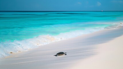A solitary sea turtle resting on a secluded stretch of beach, its streamlined body contrasting against the pristine white sand and azure blue waters.