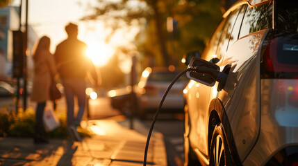 Electric vehicle charging on a city street at sunset.