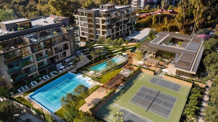Modern apartment complex with a pool and tennis courts in the heart of the city