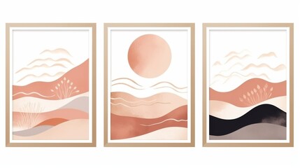 Three framed pieces of terracotta-toned minimalist wall art, featuring abstract nature-inspired designs