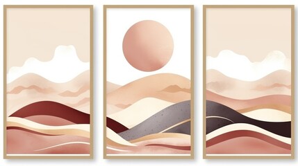 A set of three abstract desert landscapes, using geometric shapes and contrasting colors to portray the beauty of simplicity and nature