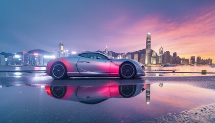 cool futuristic sports car, wet pavement after rain, reflections in puddles, night cyberpunk city in the background