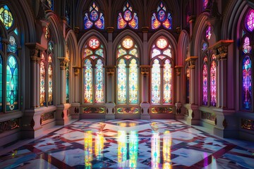 Tell the story of a modern-day fairytale romance in an opulent castle setting, where tender embraces are framed through ornate, stained-glass windows casting colorful reflections on marble floors, all