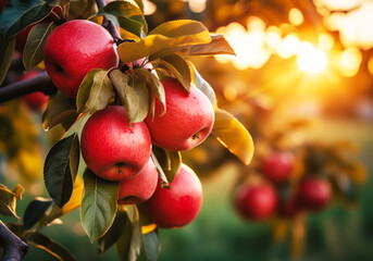 Juicy apples hanging from a tree branch in the orchard on a sunny day. Agriculture and rural landscape. - obrazy, fototapety, plakaty