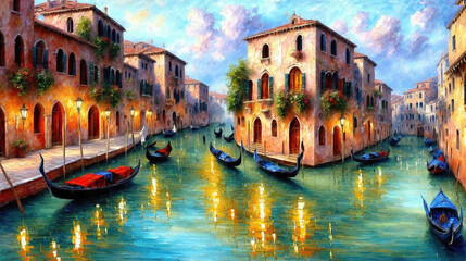 Venice canals with gondolas atmospheric landscape , oil painting style illustration - obrazy, fototapety, plakaty