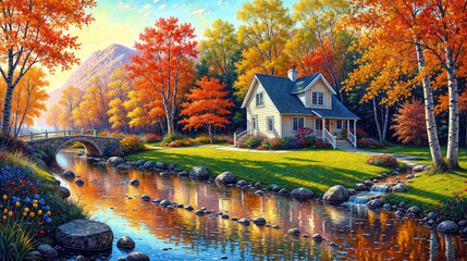 Oil painting on canvas summer landscape with wooden old house near river, beautiful flowers and trees. - 797912904