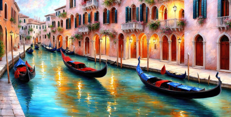 Venice canals with gondolas atmospheric landscape , oil painting style illustration - 797912928
