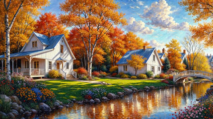 Idyllic countryside summer landscape with wooden old house near river, beautiful flowers and trees, oil painting on canvas. - 797912939