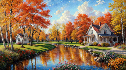 Idyllic countryside summer landscape with wooden old house near river, beautiful flowers and trees, oil painting on canvas.