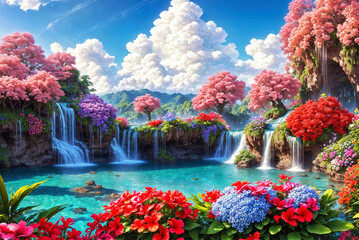 Waterfalls and flowers, beautiful landscape, magical and idyllic background with many flowers in Eden. - 797912952