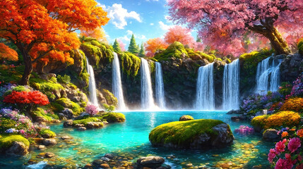 Waterfalls and flowers, beautiful landscape, magical and idyllic background with many flowers in Eden. - 797912974