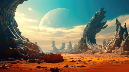 Landscape of an alien planet, beautiful view of red desert on another planet, fictional sci-fi background. - 797912992