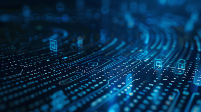 A futuristic digital background with elements of data technology and cyber security, such as holographic interfaces or binary code. 