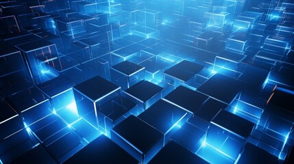 A stunning display of 3d cubic structures illuminated by a blue glow, depicting technology