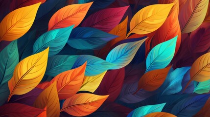 A digital design showcasing a variety of colorful leaves meticulously layered against a contrasting dark background
