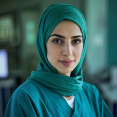 Fototapeta premium Muslim woman in hijab, portrait of smiling adult in modern, modest clothing. Beauty, happiness, and