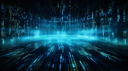 This image represents a concentrated flow of binary code in blue light giving a sense of speed and data transfer