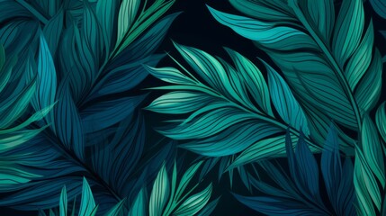 This image showcases a beautiful arrangement of tropical leaves in various shades of green against a dark backdrop, conveying a natural and exotic feel