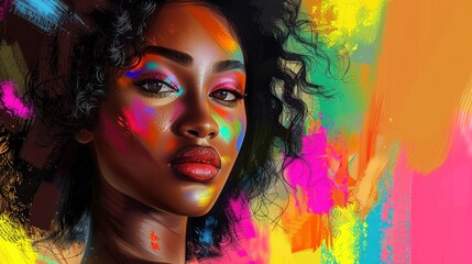 An abstract digital painting of an attractive woman with colorful brush strokes and bold colors, focusing on her face in closeup