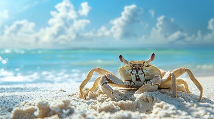 Tranquil scene of a crab emerging from its burrow on a wide sandy beach, basking in the sunlight and feeling the gentle ocean breeze. - obrazy, fototapety, plakaty