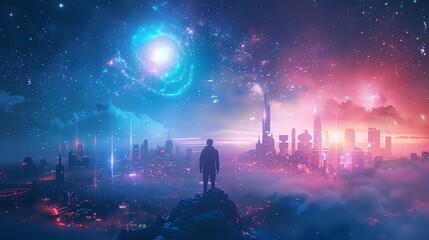 Sparkling stars over a luminous futuristic cityscape, dreamy blue and pink neon glows, hightech skyline - obrazy, fototapety, plakaty