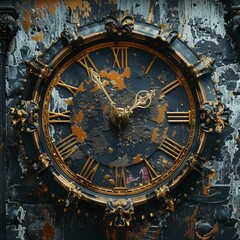 Vintage clock face against a distressed background with peeling paint, blending time with a sense of history.
