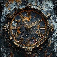 Obraz premium Vintage clock face against a distressed background with peeling paint, blending time with a sense of history.