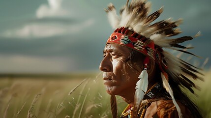 A Native American man wearing a traditional headdress stands in a field of wheat.