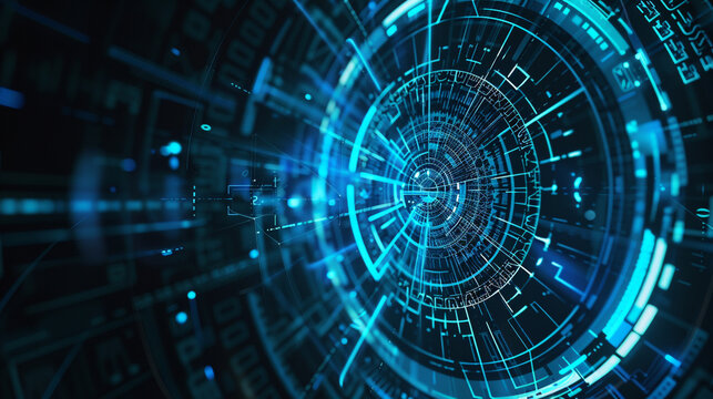A futuristic digital background with elements of data technology and cyber security, such as holographic interfaces or binary code. 