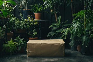 Brown box surrounded by potted plants in a room with soft lighting and natural elements