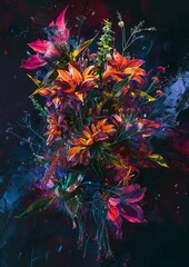 A hyperrealistic bouquet of wild flower painting with thick strokes of impasto, abstract digital art - obrazy, fototapety, plakaty