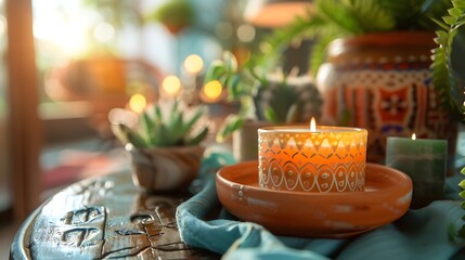 A beautiful lit candle sits on a wooden table. The candle is surrounded by green plants and other decorative objects. - obrazy, fototapety, plakaty