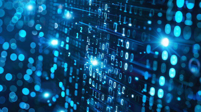 A futuristic digital background with elements of data technology and cyber security, such as holographic interfaces or binary code. 