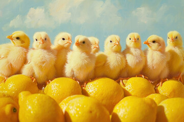 A group of chickens standing on top of a pile of lemons under a clear blue sky