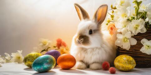 Lovely bunny easter fluffy baby rabbit with a basket full of colorful easter eggs. Beautiful Easter card. Generative AI - 797916128