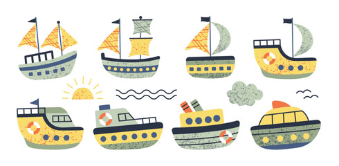 Fototapeta na wymiar Vector set of ships, speedboat, boat. Doodle style childish ship. Marine transport clipart. Collection of cute ships.