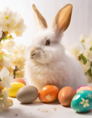 Lovely bunny easter fluffy baby rabbit with a basket full of colorful easter eggs. Beautiful Easter card. Generative AI - 797916553
