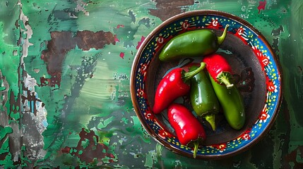 Red and green hot chili peppers in a colorful bowl on a rustic table.