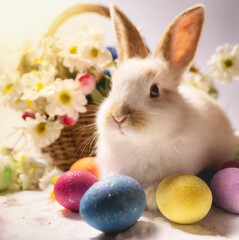 Lovely bunny easter fluffy baby rabbit with a basket full of colorful easter eggs. Beautiful Easter card. Generative AI - 797916722