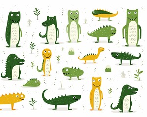 White background with green and yellow crocodiles simple line repeat, childlike flat graphic ,  vector