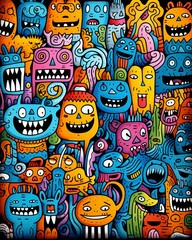 Childlike funny monsters doodles, vibrant seamless pattern, playful handdrawn lines ,  illustration