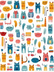 Colorful doodle cute animals, repeating pattern, simple handdrawn lines, childlike charm ,  flat graphic drawing