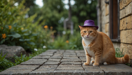 An orange cat wearing a purple hat is sitting on a stone slab.

