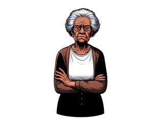 腕組みした不機嫌な表情の黒人の高齢女性