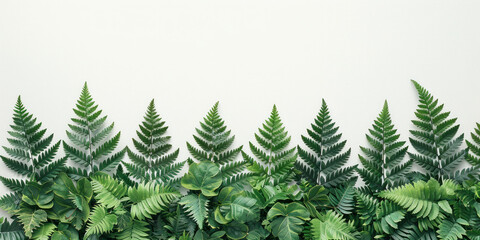 Lush green ferns in a row against a clean white wall with empty copy space in the middle