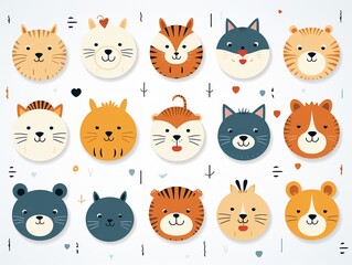 Cute animal vectors round forms, simple line drawing, seamless white background, EPS pattern ,  childlike drawing